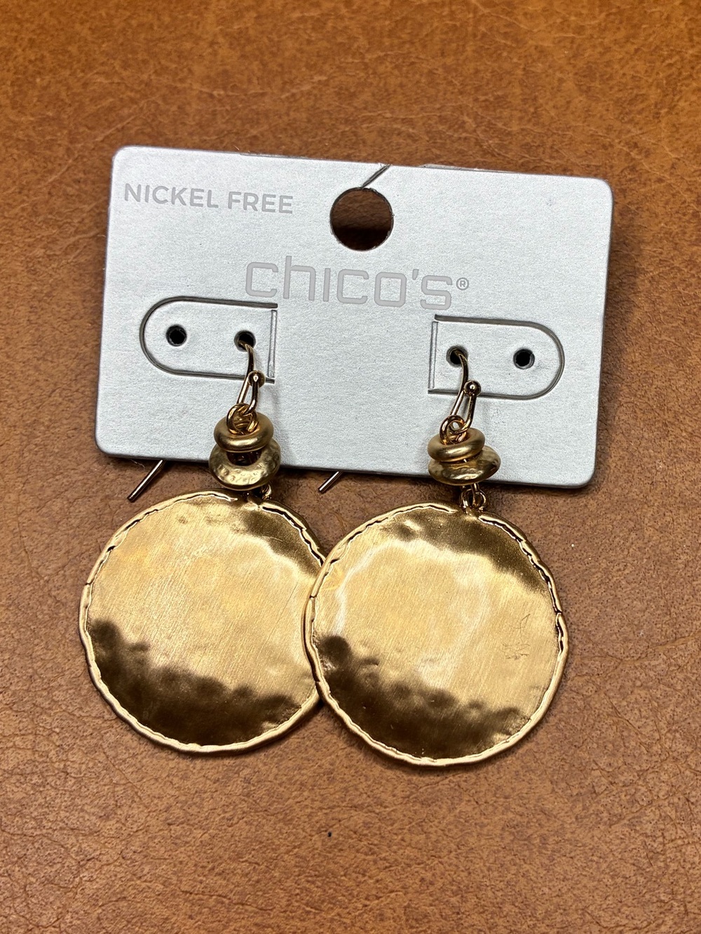 Chico's Shiny Gold Hammered Circle Drop Earrings